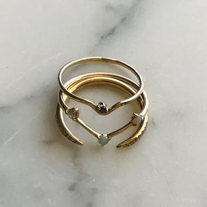 Wwake 3 Stack Rings Diamond Opal 14K Gold